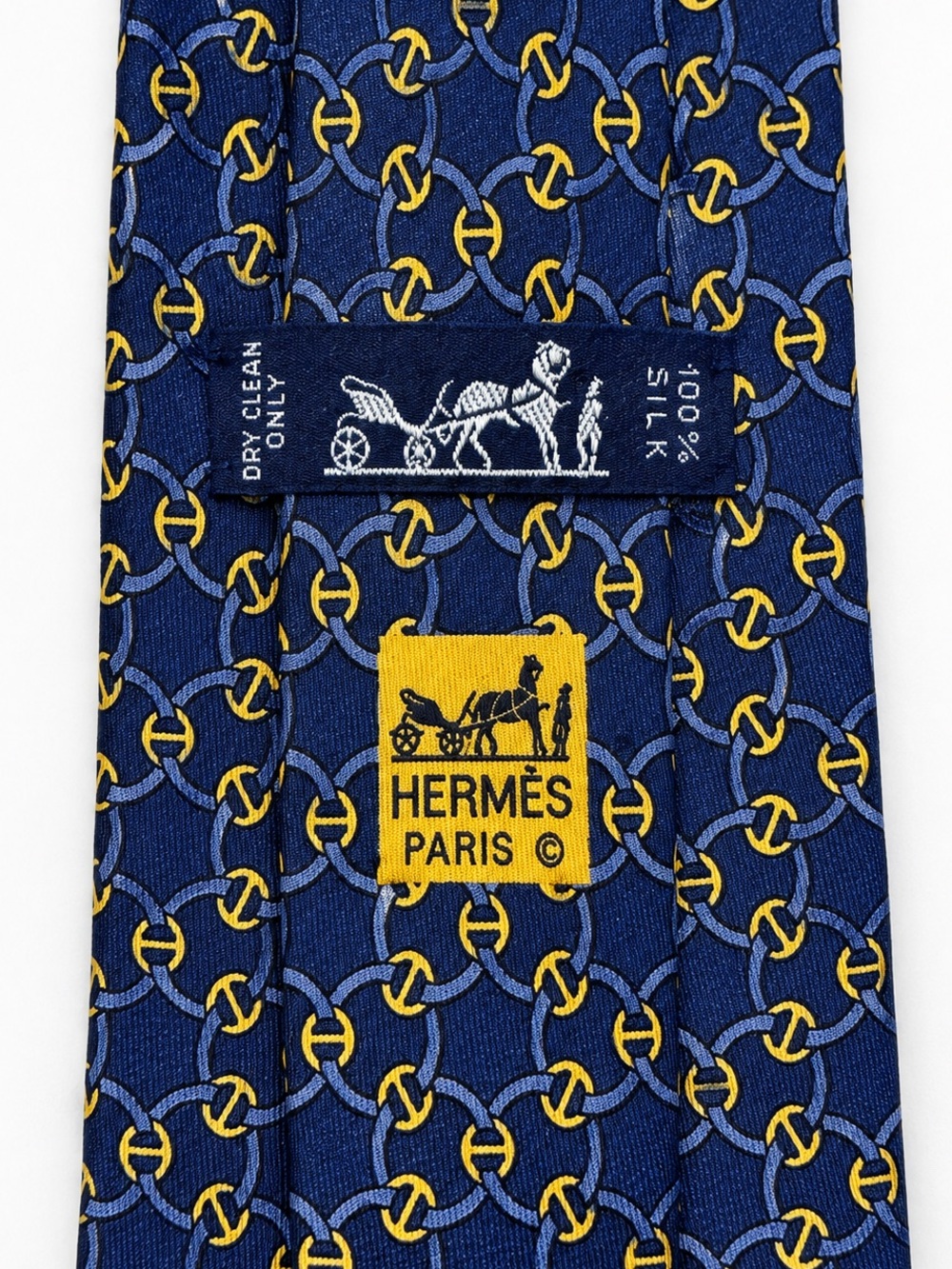 Hermès Paris 100% Silk Tie Navy Blue Gold Chain Link Geometric 58” *Authentic*